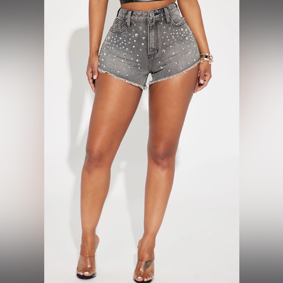 FASHIONNOVA Grey Razzle Dazzle Embellished Cut Off Denim Shorts 15 - Picture 2 of 11
